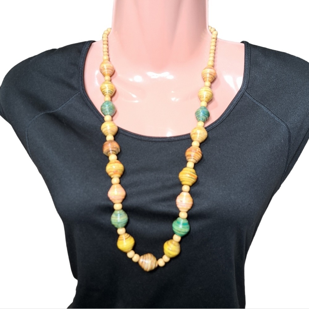 Handmade Women's Necklace Multicolored‎ Paper & Wood Beads 17.5 Inches
